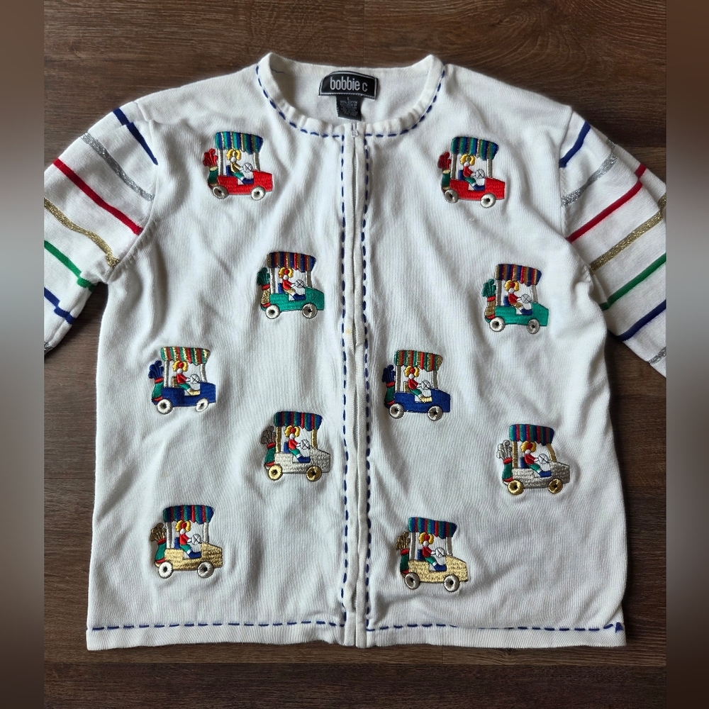 Vintage Bobbie C Embroidered Golf Patch Knit Cardigan Jacket Women Full Zip sz L - Picture 2 of 10